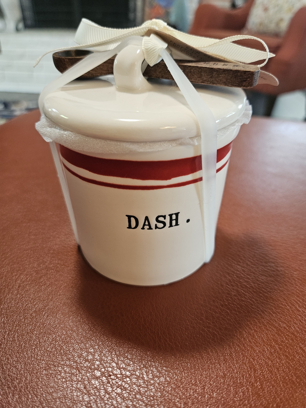 Rae Dunn DASH Ceramic Canister with Red Stripe